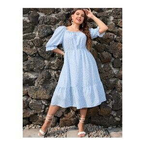 Shein Ditsy Floral Print Flounce Sleeve Ruffle Hem Dress 0xl (large) Baby Blue